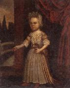 unknow artist Portrait of a young girl,full length,holding a toy dog and a bunch of cherries,set beside a partly-draped red curtain oil painting artist